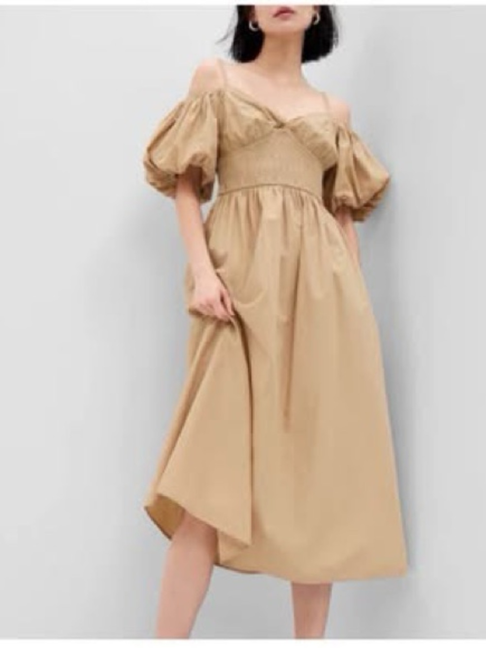GAP Beige Off-Shoulder Puff Sleeve Midi Dress